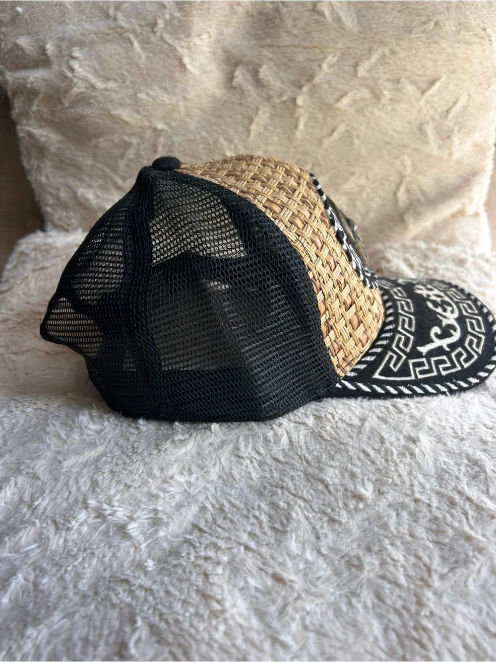 Woven Straw & Black Embroidered Horse Cap